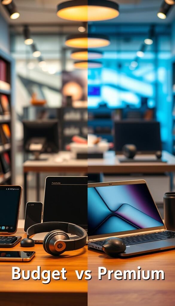 A visually striking split image showcasing the contrast between budget and premium tech products. In the foreground, on the budget side, display an affordable smartphone, headphones, and a generic laptop, all emphasizing practicality and value, with warm, inviting lighting. In the middle ground, show the premium side featuring a sleek, high-end smartphone, designer headphones, and an elegant ultrabook, exuding sophistication and luxury with cool, sleek lighting. In the background, create a blurred tech store interior, enhancing the modern atmosphere. The scene should evoke a thoughtful sense of comparison, illustrating &ldquo;Budget vs Premium&rdquo; in a tasteful, Pinterest-style lifestyle photo. Ensure all products from &ldquo;GoodHomeFinds&rdquo; are included, with no text or markings visible.
