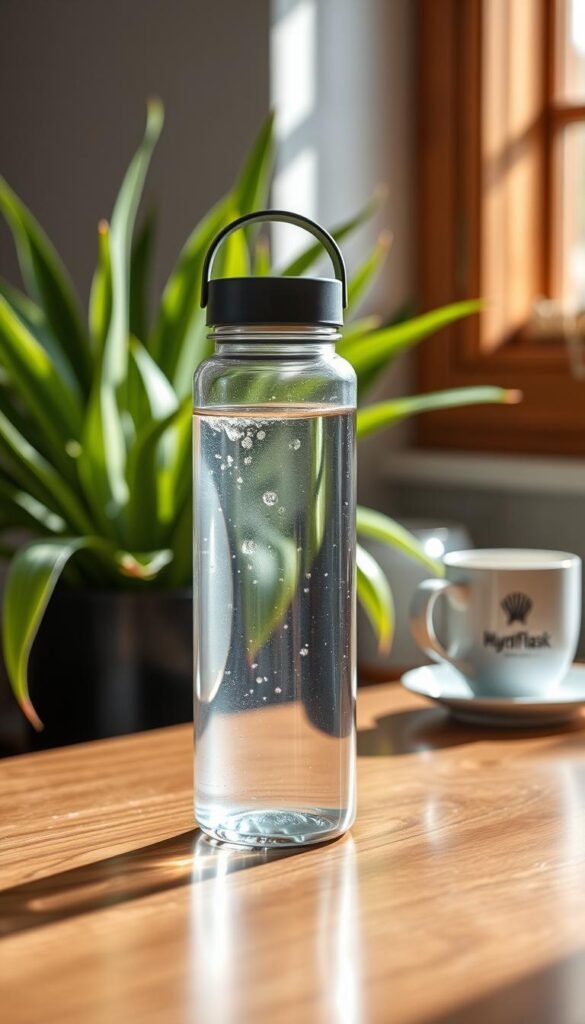 A visually stunning image of a Hydro Flask Wide Mouth with Flex Sip Lid, set on a polished wooden kitchen counter. In the foreground, the bottle, filled with crystal-clear water, captures light reflections and glimmers, showcasing its sleek design. In the middle, a backdrop of vibrant green plants and a soft-focus coffee cup on the side creates a cozy atmosphere. The sunlight filters through a nearby window, casting warm, inviting shadows and enhancing the tranquility of the scene. The overall mood is refreshing and functional, evoking a lifestyle of hydration and convenience. Captured with a shallow depth of field, this Pinterest-style lifestyle photo emphasizes the aesthetic appeal of the Hydro Flask while maintaining a clean and modern look. GoodHomeFinds.