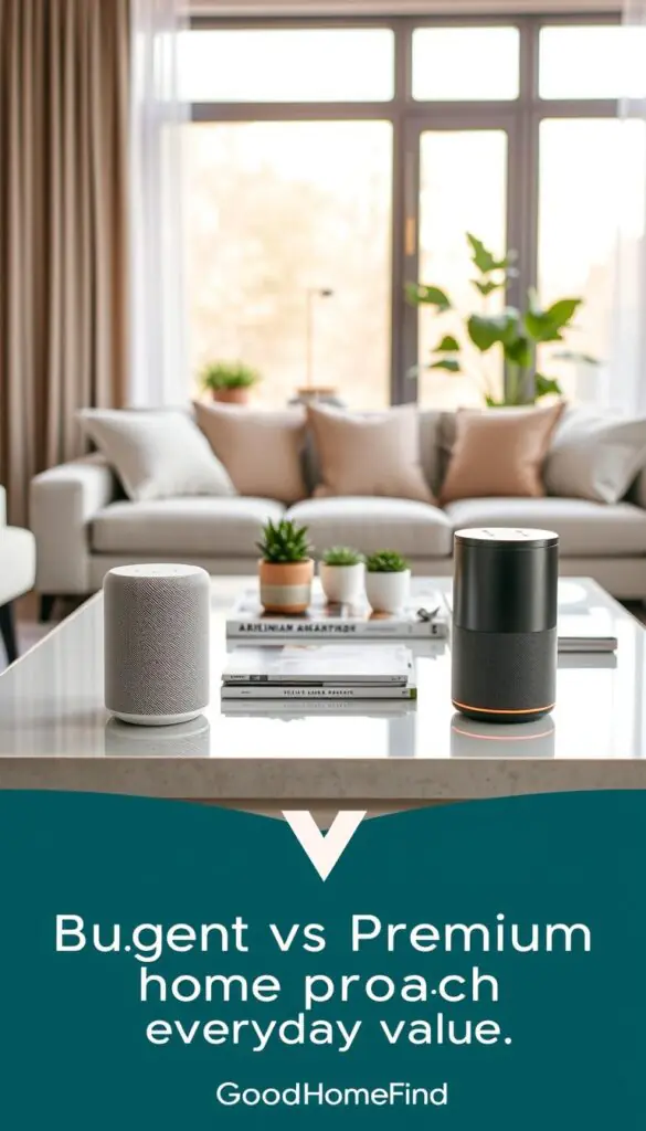 A vivid comparison of budget and premium home tech products, organized in a sleek, modern living room setting. In the foreground, showcase a stylish budget device, such as a practical smart speaker with a minimalist design, contrasted against a high-end premium model with a luxurious finish. The middle ground features an elegant coffee table, adorned with both products and subtle d&eacute;cor elements like potted plants and tech magazines, emphasizing everyday value. In the background, a well-lit window allows soft, natural light to flood the room, creating a warm and inviting atmosphere. The mood is sophisticated yet approachable, evoking a sense of intelligent consumer choice. Focus on the details of the products themselves while ensuring the overall composition reflects a modern lifestyle aesthetic. GoodHomeFinds brand subtly integrated into the design elements without overpowering the scene.