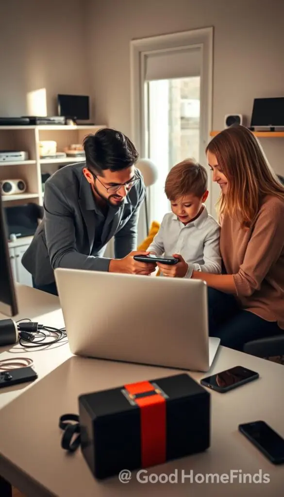 A warm and inviting home office setup featuring a family gathered around a modern workspace. The foreground includes a sleek desk with an open laptop, tools for setup like cables, and a smartphone on the side. In the middle, a parent, dressed in smart casual attire, is helping a child navigate a tech device, demonstrating an engaging moment of teamwork. The background showcases shelves with family tech gadgets and a cozy atmosphere, including soft lighting from a nearby window casting gentle shadows. The scene reflects an atmosphere of collaboration and learning, captured from a slightly elevated angle to emphasize the familial interaction, hinting at the effort and excitement of tech setup. The overall feel is inspiring and relatable, embodying the spirit of &ldquo;GoodHomeFinds.&rdquo;