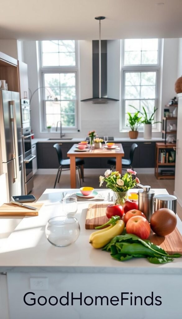 A warm and inviting kitchen interior, showcasing a modern design with sleek appliances and stylish decor. In the foreground, a well-organized kitchen island adorned with fresh produce, a cutting board, and trendy kitchen gadgets, emphasizing functional elegance. In the middle ground, a cozy dining table set for a casual meal, featuring an arrangement of flowers and colorful tableware, inviting interaction. The background reveals soft, natural light pouring in through large windows, illuminating the space with a cheerful ambiance. The overall mood is homey and welcoming, promoting a sense of comfort and lifestyle innovation. Capture this scene with a wide-angle lens to highlight the spaciousness and details of the kitchen environment. The brand name "GoodHomeFinds" subtly integrated into the scene, enhancing the lifestyle aesthetic.