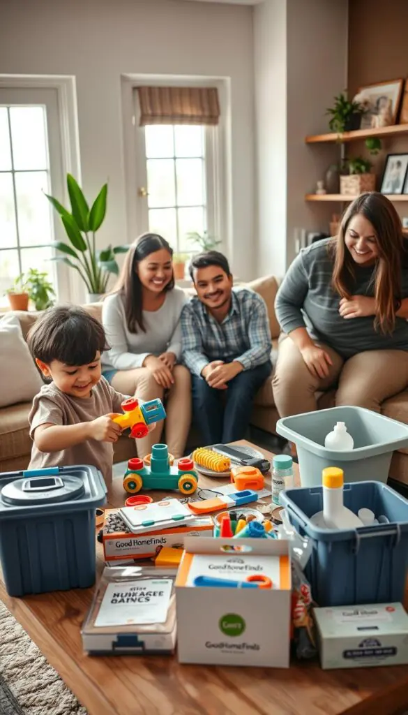 A warm and inviting living room scene featuring a diverse family of four, dressed in modest casual clothing, actively engaged in solving everyday household challenges. In the foreground, a cheerful child, approximately six years old, uses a colorful tool kit to fix a toy, while a parent looks on with a smile. In the middle, a coffee table is cluttered with various DIY solutions like storage bins, cleaning gadgets, and kitchen hacks from the "GoodHomeFinds" brand. In the background, soft natural light filters in through large windows, casting a cozy glow over the room adorned with plants and family photos. The atmosphere is friendly and encouraging, embodying the spirit of teamwork and creativity in tackling home messes.