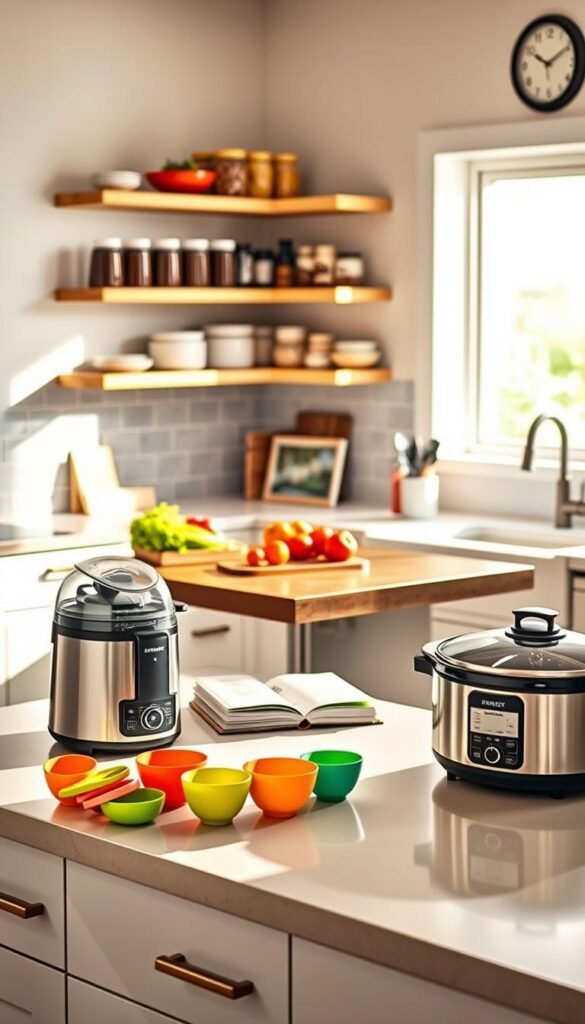A warm, inviting kitchen scene featuring an array of innovative time-saving tools designed for busy families. In the foreground, a sleek, modern countertop showcases a high-tech food processor, a multi-functional slow cooker, and a set of colorful measuring cups neatly arranged. In the middle, a wooden kitchen island holds a stylish cookbook, a cutting board with fresh vegetables, and a set of utensils. Background elements include open shelves displaying organized jars of spices and a vibrant wall clock, emphasizing efficiency. Soft, natural lighting streams in through a window, casting gentle shadows, creating a cozy yet practical atmosphere. The ambiance is lively and bright, perfect for busy weeknights. Capture this lifestyle moment reflecting the essence of "GoodHomeFinds".