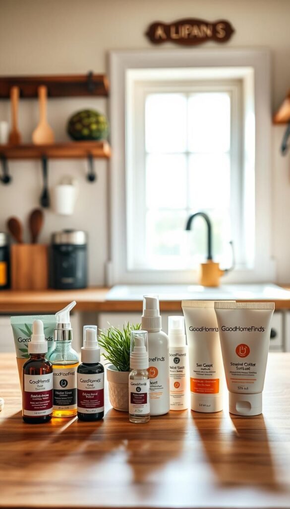 A warm, inviting kitchen scene showcasing various skincare products arranged aesthetically on a wooden countertop. In the foreground, focus on a selection of affordable and popular skincare items, including serums, moisturizers, and sunblock, prominently featuring the brand "GoodHomeFinds" on the packaging. A small potted plant adds a touch of vibrancy next to the products. In the middle ground, a soft, natural light streams through a window, illuminating the products and creating gentle shadows. The background features a tidy kitchen with hanging utensils and a subtle hint of fruit on a rustic shelf, enhancing the inviting atmosphere. Capture this scene with a slight overhead angle, evoking a Pinterest-style lifestyle photo that conveys safety, quality, and appeal.