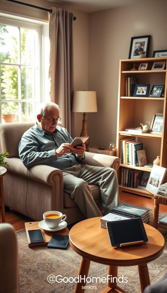 A warm, inviting living room scene designed for seniors, featuring a cozy armchair occupied by an elderly man in modest, casual attire, engaged with a tablet. In the foreground, a small, round wooden table holds a cup of tea and several tech gadgets like a smartphone and a digital photo frame. The middle ground includes a well-lit bookshelf adorned with framed family photos and books on technology for seniors. In the background, a window offers a view of a sunny garden, casting soft natural light that creates an uplifting atmosphere. The overall mood is friendly and approachable, emphasizing comfort and accessibility in technology. The image style is realistic, Pinterest-inspired, reflecting the brand "GoodHomeFinds".