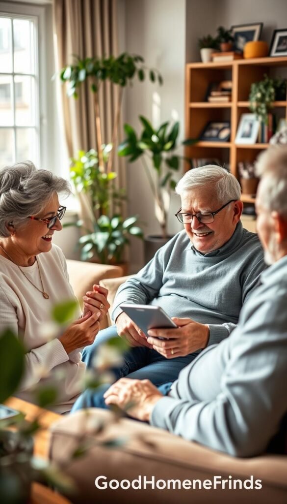 A warm, inviting living room scene featuring a diverse group of seniors comfortably gathered around a coffee table, engaging with their devices while maintaining eye contact and smiles, illustrating connection and communication. In the foreground, a grandmother in modest casual clothing holds a tablet, sharing a video call with family, while a grandfather nearby adjusts his glasses, looking at a laptop screen. In the middle, soft sunlight filters through a window, creating a cozy atmosphere filled with houseplants and personal touches like framed family photos. In the background, a soft-focus view of a well-organized bookshelf adds depth, showcasing the blend of technology and homely warmth. The mood is joyful and connected, demonstrating how technology fosters relationships. GoodHomeFinds style, realistic lifestyle photo.