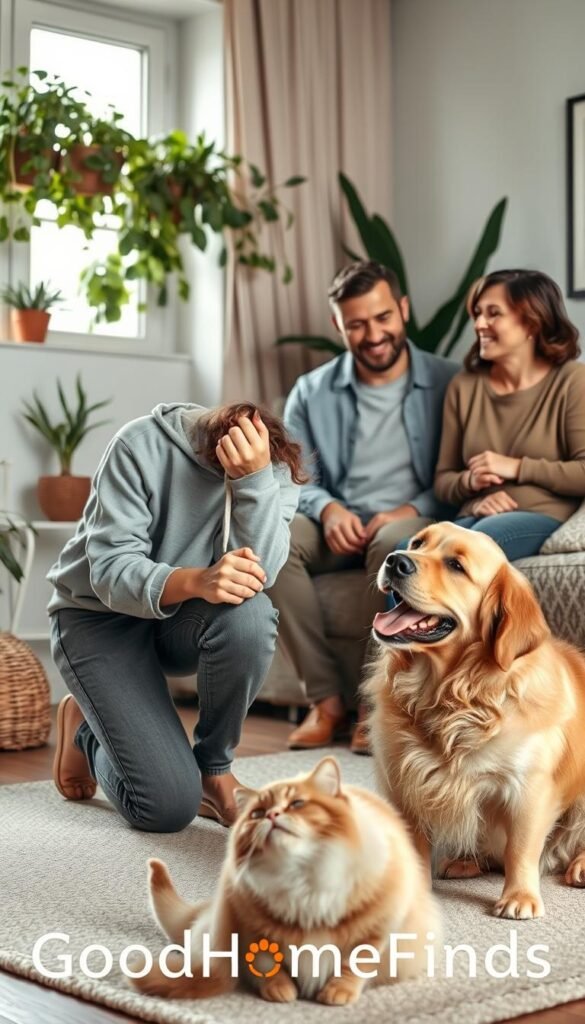 A warm, inviting scene of diverse pet owners engaging with their beloved pets in a cozy living room setting. In the foreground, a young woman in a casual yet stylish outfit kneels, happily playing with a playful golden retriever, her smile radiating joy. Beside her, a middle-aged couple in modest casual clothing shares a laugh as their curious cat peeks out from a decorative basket. In the background, soft, natural lighting filters through a window adorned with houseplants, creating a relaxed atmosphere. The walls are tastefully decorated, enhancing the homey feel. The lens captures the scene from a slightly elevated angle, focusing on the connection between the owners and their pets, conveying a sense of warmth and belonging. The image should represent the brand "GoodHomeFinds" subtly through the decor and overall aesthetic.