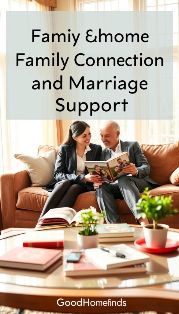 A warm, inviting scene showcasing a cozy living room designed for family connection and marriage support. In the foreground, a couple in professional business attire, sitting closely on a plush sofa, sharing a thoughtful moment while looking at a family photo album. Their expressions convey warmth and affection. In the middle ground, a coffee table displays family-oriented books and a small plant, promoting a sense of togetherness and growth. The background features soft natural lighting filtering through large windows adorned with light, airy drapes, enhancing the atmosphere of comfort and intimacy. The overall mood is calm and supportive, reflecting a nurturing home environment. The style is realistic and Pinterest-inspired, emphasizing the theme of harmonious family life. GoodHomeFinds.