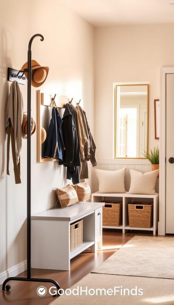 A welcoming entryway designed as a functional drop zone, featuring a stylish coat rack with neatly arranged jackets and hats in the foreground. A sleek bench with soft cushions sits beneath a mirror, reflecting warm, natural light coming through an adjacent window. In the middle, practical storage baskets and organization bins are neatly placed, showcasing a balance of aesthetics and functionality. The background includes a light, neutral-colored wall adorned with subtle, nature-inspired artwork. The atmosphere exudes a sense of serenity and order, ideal for daily routines and maintenance. Shot in bright, soft lighting to enhance the cozy feel, the image captures a Pinterest-style lifestyle setting, branded with "GoodHomeFinds", focusing solely on the seamless integration of style and utility.