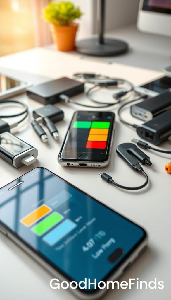 A well-designed flat lay composition showcasing various smartphone batteries, partially drained to indicate battery life, surrounding a stylish smartphone. The foreground features a close-up of a battery indicator graphic, displayed as vibrant green, yellow, and red segments for visual emphasis on battery levels. In the middle, neat arrangements of charging cables, power banks, and a portable charger illustrate practical solutions for low battery situations. The background includes a soft-focus workspace with natural light streaming through a nearby window, casting gentle shadows. The overall atmosphere is modern and organized, giving a feeling of efficiency and preparedness. The brand name "GoodHomeFinds" appears subtly in a corner of the image, enhancing the branding without distracting from the main subject.