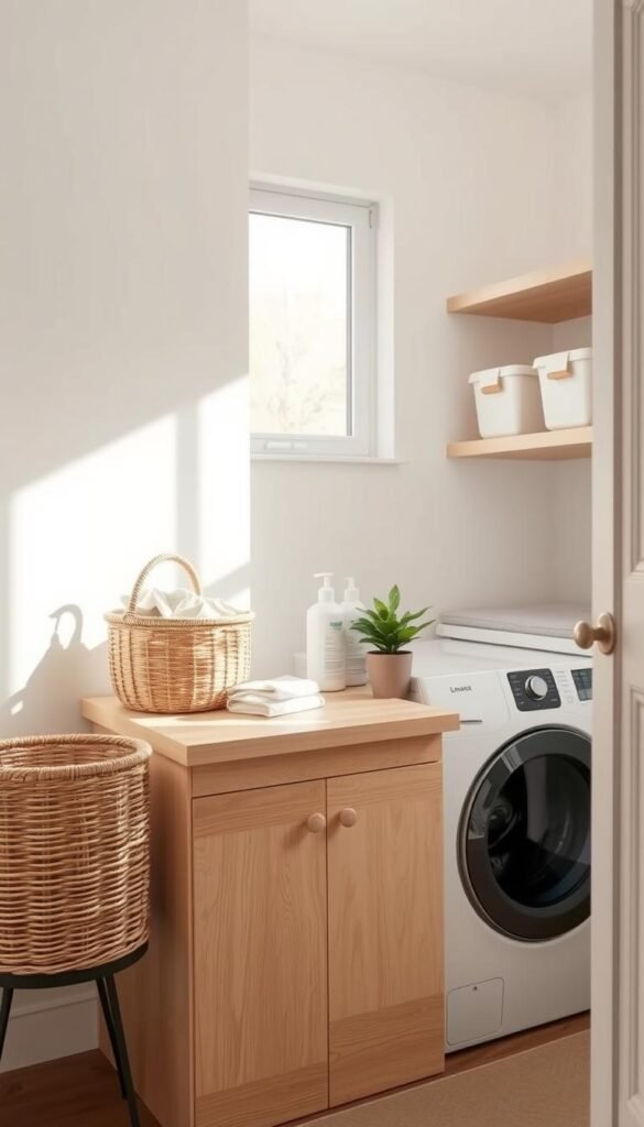 A well-designed folding countertop in a small laundry room, showcasing a sleek, modern aesthetic. The foreground features a compact, neatly folded countertop made of light wood, with subtle grain details. To the left, a stylish wicker basket filled with freshly laundered clothes adds a touch of warmth. In the middle, the countertop is adorned with minimalistic laundry essentials like detergent bottles and a small potted plant for a pop of color. The background reveals a tidy wall-mounted shelf with neatly organized storage bins, complemented by soft, natural lighting filtering through a nearby window. The overall mood is airy and organized, reflecting a practical yet inviting small space solution. This is a lifestyle image styled for "GoodHomeFinds."