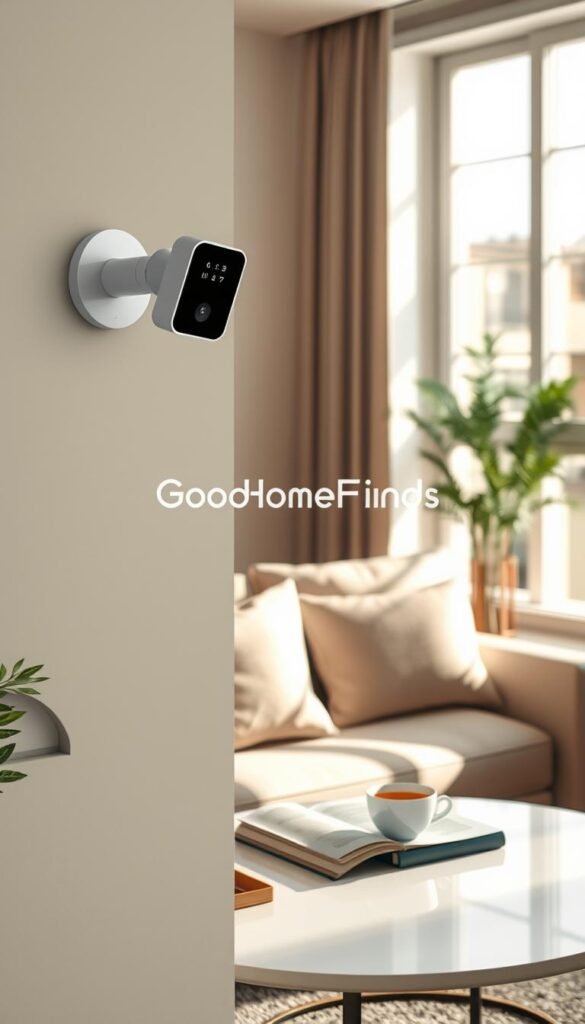 A well-designed indoor scene showcasing a modern smart camera mounted on a wall in a cozy apartment living room. The foreground features the sleek camera, with visible LED indicators and a minimalist design, sitting next to a small decorative plant. In the middle ground, a comfortable sofa with neutral-colored throw pillows and a stylish coffee table adorned with a book and a cup of tea highlight a relaxed atmosphere. The background includes large windows letting in soft, natural daylight, casting gentle shadows across the room. Warm, inviting lighting creates a sense of security and comfort. The overall mood is calm and modern, ideal for illustrating smart home technology without overwhelming notifications. The brand name &ldquo;GoodHomeFinds&rdquo; subtly integrated into the decor complements the sophisticated feel of the imagery.