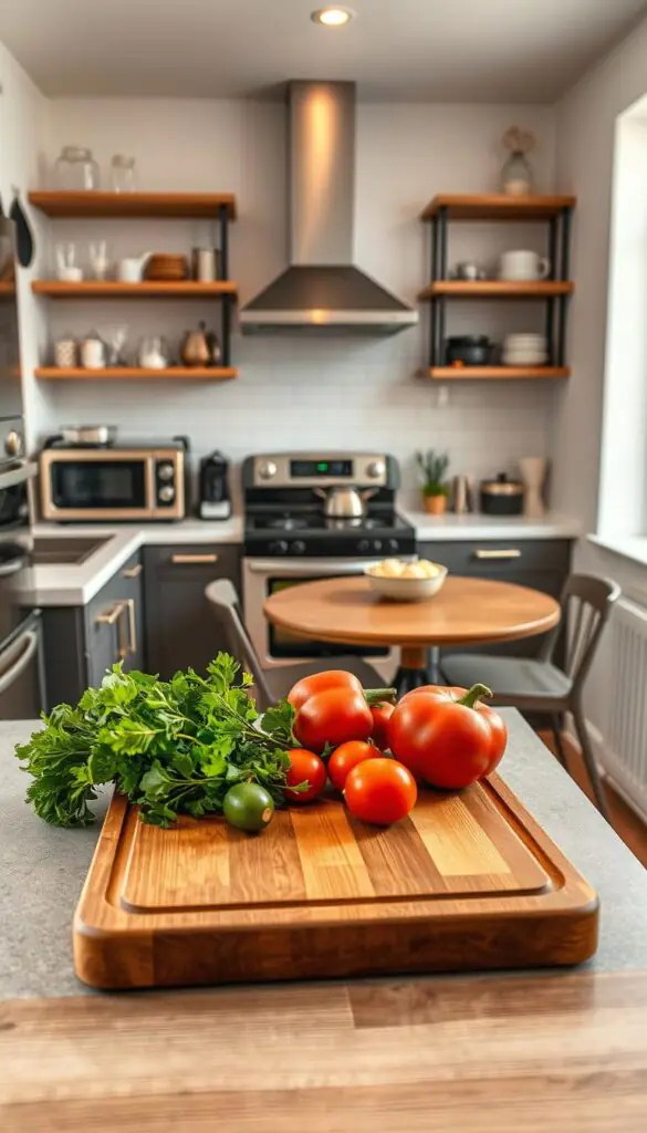 A well-designed space setup for a tiny kitchen, featuring a compact yet functional cooking area with a sleek countertop, modern appliances, and organized cookware. In the foreground, showcase a stylish wooden cutting board with fresh vegetables and herbs, emphasizing a vibrant cooking atmosphere. In the middle, include an ergonomic stove with a stylish hood, minimalist shelving displaying kitchen essentials, and a small dining table with two comfortable chairs. The background features light-colored walls and a window allowing natural light to brighten the scene. Use soft, warm lighting to create a welcoming mood, with a shallow depth of field to focus on the cooking area. The image should evoke a sense of practicality and charm, ideal for a lifestyle blog by GoodHomeFinds.
