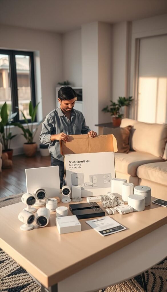 A well-lit interior scene showcasing a modern living room during the unboxing of a renter security system. In the foreground, a professional-looking individual in modest casual clothing carefully opens the sleek, branded box labeled "GoodHomeFinds," revealing various security components like cameras, sensors, and a control panel. The middle ground features a stylish coffee table displaying the unboxed items neatly arranged, along with an instruction manual. In the background, soft natural light filters through a window, illuminating the cozy atmosphere filled with potted plants and decorative elements. Capture an engaging, organized setup time vibe, emphasizing the excitement and ease of transitioning from unboxing to a secure home environment. Use a focal lens to create a warm and inviting mood, ensuring a Pinterest-style photo aesthetic without any text or distractions.