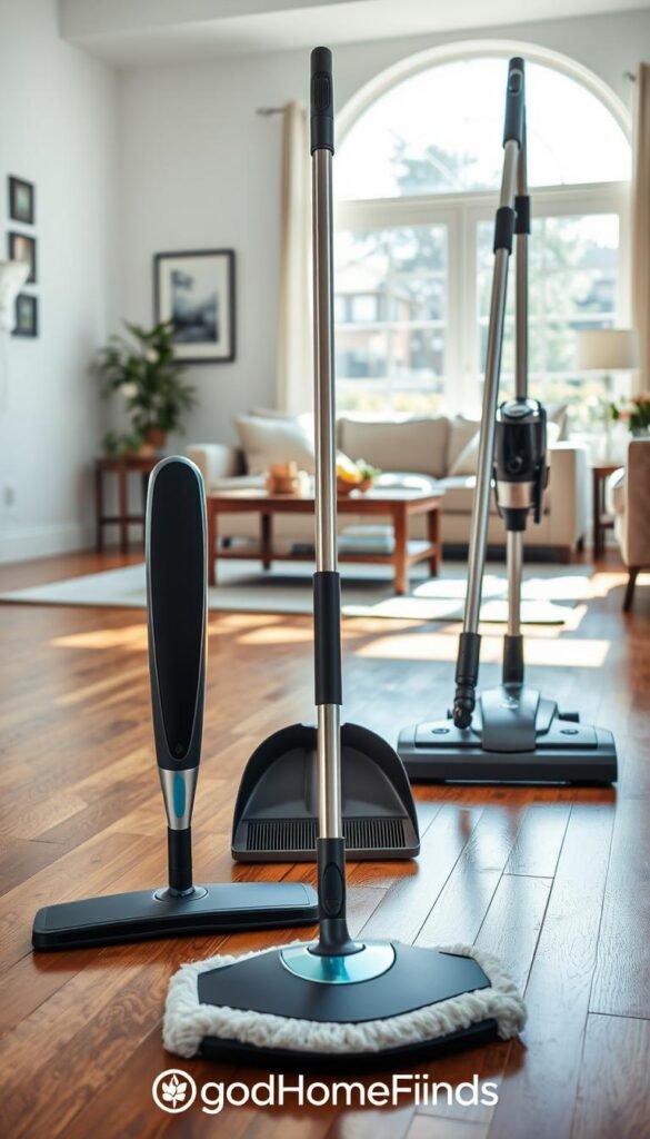 A well-lit, inviting cleaning scene featuring a variety of innovative floor cleaning tools displayed prominently. In the foreground, a sleek, ergonomic mop with a adjustable handle, a dustpan with a long reach, and a modern vacuum cleaner designed to minimize bending. The middle ground showcases a clean, polished hardwood floor reflecting natural light, with gentle shadows adding depth. In the background, a cozy, sunlit living room setting includes stylish furniture and neutral decor, emphasizing the ease and convenience of cleaning. The overall atmosphere is fresh, organized, and inspiring, perfect for promoting efficient cleaning solutions. Capture this scene in a Pinterest-style lifestyle photo. Include the brand "GoodHomeFinds" seamlessly integrated within the visual composition.