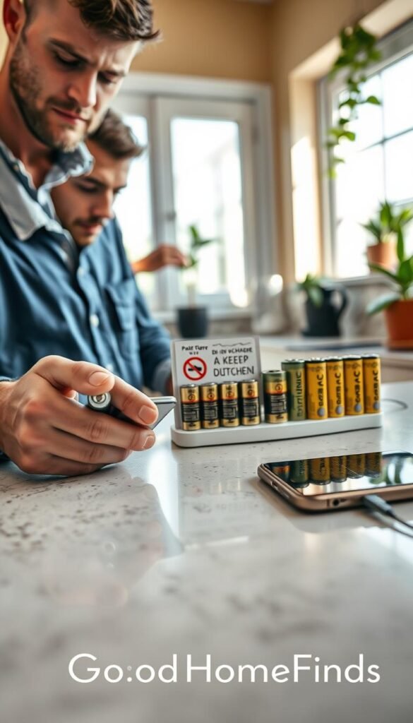 A well-lit kitchen countertop display featuring various household batteries, chargers, and a smartphone, emphasizing battery safety practices. In the foreground, a close-up of a battery being inspected by a concerned adult in smart casual clothing. The middle ground shows a neatly organized charging station with visible safety reminders like "Do not overcharge" and "Keep away from heat." Background elements include a window with natural light streaming in, plants, and a visually appealing kitchen setup. The atmosphere is serious yet educational, focusing on the importance of battery safety in everyday life. The scene should embody a realistic, Pinterest-style lifestyle photo, branded subtly with "GoodHomeFinds."