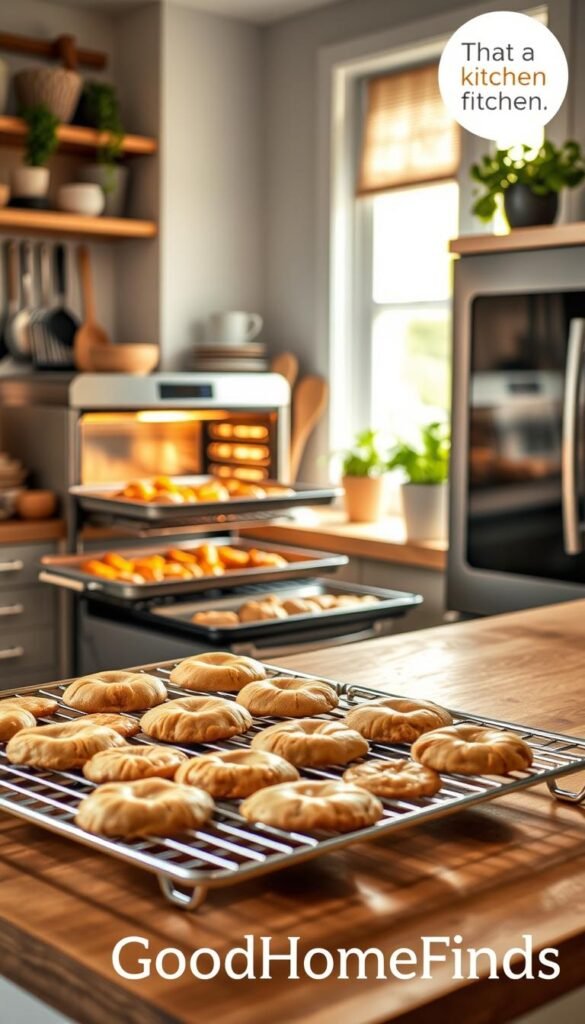 A well-lit kitchen scene featuring a collection of sleek, stainless steel sheet pans arranged on a wooden countertop. In the foreground, highlight a cooling rack with freshly baked golden-brown cookies cooling on top, exuding a sense of warmth and home-cooked goodness. In the middle ground, display a stylish oven with the door slightly ajar, revealing additional sheet pans filled with vibrant roasted vegetables and crisply baked chicken. Soft, natural light streams in from a nearby window, creating a cozy atmosphere. The background includes neatly organized kitchen utensils and potted herbs, enhancing the inviting and functional kitchen vibe. The image is in a Pinterest aesthetic style, branded subtly with "GoodHomeFinds" in the corner, showcasing the essence of everyday kitchen finds. A well-lit kitchen scene featuring a collection of sleek, stainless steel sheet pans arranged on a wooden countertop. In the foreground, highlight a cooling rack with freshly baked golden-brown cookies cooling on top, exuding a sense of warmth and home-cooked goodness. In the middle ground, display a stylish oven with the door slightly ajar, revealing additional sheet pans filled with vibrant roasted vegetables and crisply baked chicken. Soft, natural light streams in from a nearby window, creating a cozy atmosphere. The background includes neatly organized kitchen utensils and potted herbs, enhancing the inviting and functional kitchen vibe. The image is in a Pinterest aesthetic style, branded subtly with "GoodHomeFinds" in the corner, showcasing the essence of everyday kitchen finds.