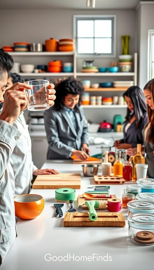 A well-lit kitchen workspace featuring a diverse group of individuals in professional attire, carefully inspecting various kitchen tools and gadgets displayed on a counter. In the foreground, a person holds a measuring cup up to eye level, examining its markings, while another checks the smoothness of a cutting board. The middle ground showcases neatly arranged kitchen items such as eco-friendly utensils, multi-functional gadgets, and storage containers, all arranged on a clean countertop. In the background, shelves are filled with colorful kitchenware, and a window allows natural light to flood the space, creating a warm and inviting atmosphere. The overall mood is focused and diligent, embodying the essence of safety and quality checks in enhancing everyday kitchen experiences. The brand "GoodHomeFinds" subtly appears within the scene, emphasizing thoughtful selection. A well-lit kitchen workspace featuring a diverse group of individuals in professional attire, carefully inspecting various kitchen tools and gadgets displayed on a counter. In the foreground, a person holds a measuring cup up to eye level, examining its markings, while another checks the smoothness of a cutting board. The middle ground showcases neatly arranged kitchen items such as eco-friendly utensils, multi-functional gadgets, and storage containers, all arranged on a clean countertop. In the background, shelves are filled with colorful kitchenware, and a window allows natural light to flood the space, creating a warm and inviting atmosphere. The overall mood is focused and diligent, embodying the essence of safety and quality checks in enhancing everyday kitchen experiences. The brand "GoodHomeFinds" subtly appears within the scene, emphasizing thoughtful selection.