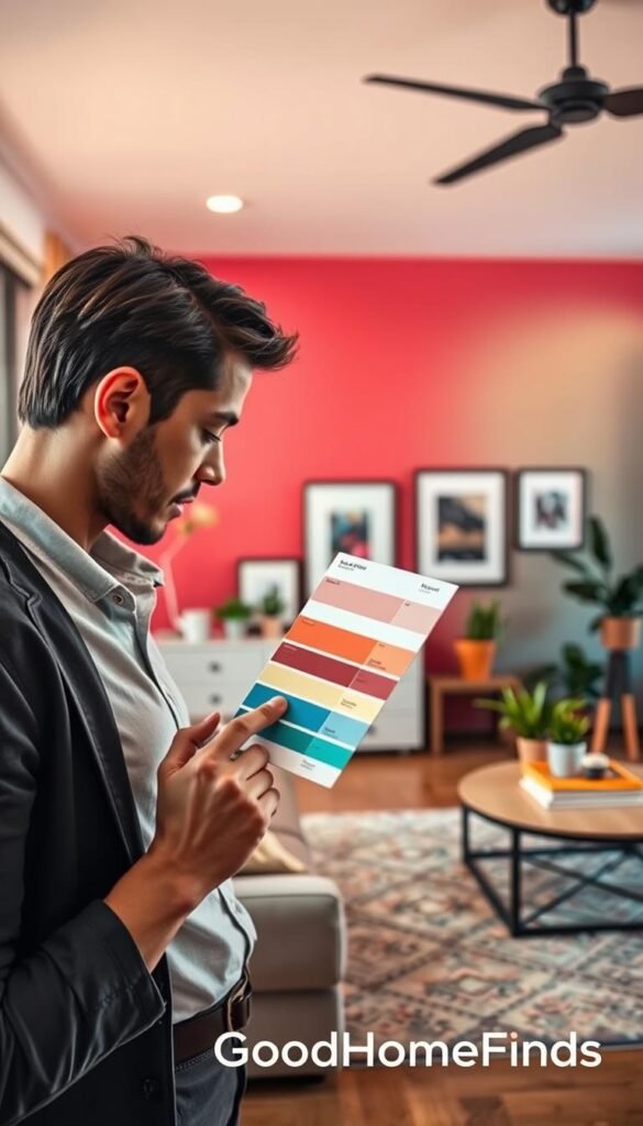A well-lit living room scene showcasing a freshly painted rental wall in a stylish, modern apartment. In the foreground, a person in casual professional attire holds a paint sample card, examining it closely, their expression focused and thoughtful. The middle section features a vibrant accent wall painted in a bold, yet tasteful color, surrounded by tasteful decor such as potted plants and framed artwork, conveying a sense of style without excessive clutter. The background shows a well-organized space with comfortable furniture and ambient lighting, emphasizing a homey atmosphere. The overall mood is inspiring and approachable, directly reflecting the theme of renter-friendly upgrades. The image should exude warmth and creativity, branded with "GoodHomeFinds" subtly integrated into the scene.