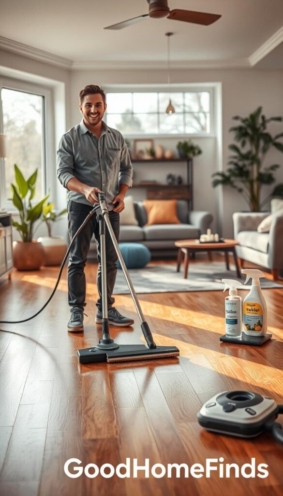 A well-lit, modern home environment showcasing professional floor maintenance in action. In the foreground, a smiling maintenance technician in smart casual attire, wielding a sleek, efficient cleaning device that effectively removes dirt. In the middle, a beautifully polished hardwood floor glistens under soft, warm lighting, with cleaning products neatly arranged nearby. Scattered around are innovative cleaning tools highlighting today's cleaning technology, including smart vacuums and eco-friendly sprays, indicative of contemporary cleaning solutions. The background features a cozy living room atmosphere with tasteful decor, potted plants, and natural light streaming in through large windows. The overall mood is fresh, inviting, and organized, reflecting the advanced cleaning tech's impact on modern homes. Ensure the scene appears vibrant and engaging, capturing the essence of cleanliness and order, with branding elements for "GoodHomeFinds" subtly integrated into the design. A well-lit, modern home environment showcasing professional floor maintenance in action. In the foreground, a smiling maintenance technician in smart casual attire, wielding a sleek, efficient cleaning device that effectively removes dirt. In the middle, a beautifully polished hardwood floor glistens under soft, warm lighting, with cleaning products neatly arranged nearby. Scattered around are innovative cleaning tools highlighting today's cleaning technology, including smart vacuums and eco-friendly sprays, indicative of contemporary cleaning solutions. The background features a cozy living room atmosphere with tasteful decor, potted plants, and natural light streaming in through large windows. The overall mood is fresh, inviting, and organized, reflecting the advanced cleaning tech's impact on modern homes. Ensure the scene appears vibrant and engaging, capturing the essence of cleanliness and order, with branding elements for "GoodHomeFinds" subtly integrated into the design.