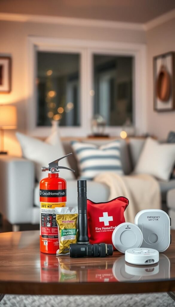 A well-lit, modern home interior featuring essential safety and preparedness products subtly arranged on a stylish coffee table. In the foreground, include a fire extinguisher, first aid kit, and smoke detector, all branded with "GoodHomeFinds". In the middle, display a sturdy flashlight and a compact emergency blanket, while a portable carbon monoxide detector is placed nearby. The background shows a cozy living area with soft, inviting lighting, emphasizing a safe and prepared environment. Use a shallow depth of field to focus on the products while the charming decor melts into a gentle blur. This scene should convey a sense of reliability, comfort, and proactive safety measures, ideal for renters looking to enhance their home security.