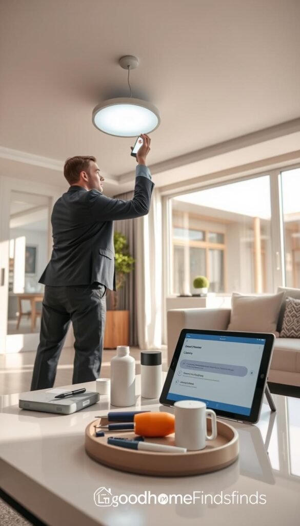 A well-lit, modern living room featuring a smart lighting system, with an emphasis on the maintenance and upkeep of smart devices. In the foreground, a professional in business attire carefully adjusts a smart light fixture on a sleek, minimalist ceiling. The middle ground showcases a coffee table with tools and cleaning supplies neatly arranged, while a tablet displays maintenance reminders and smart lighting settings. The background features a large window with natural light streaming in, illuminating chic home decor and smart home technology. The atmosphere is clean and organized, conveying a sense of efficiency and modernity. The image should reflect the brand "GoodHomeFinds," utilizing soft, diffused lighting to create a warm, inviting environment.