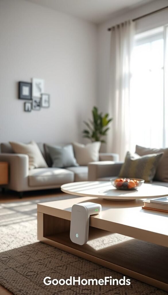 A well-lit, modern living room showcasing a stylish, minimalist setup for "sensors placement." In the foreground, a sleek smart home sensor device sits on a chic coffee table, displaying its elegant design. The middle ground features a cozy couch, adorned with plush cushions, and a smart device hub mounted on the wall, demonstrating how sensors integrate seamlessly into home decor. The background reveals a sunny window with sheer curtains, casting soft, natural light that enhances the inviting atmosphere. Capture a sense of practicality and warmth, emphasizing the convenience and efficiency of these easy-install gadgets. Make sure the scene embodies a well-organized, clutter-free environment. The brand "GoodHomeFinds" is subtly represented through the product design.