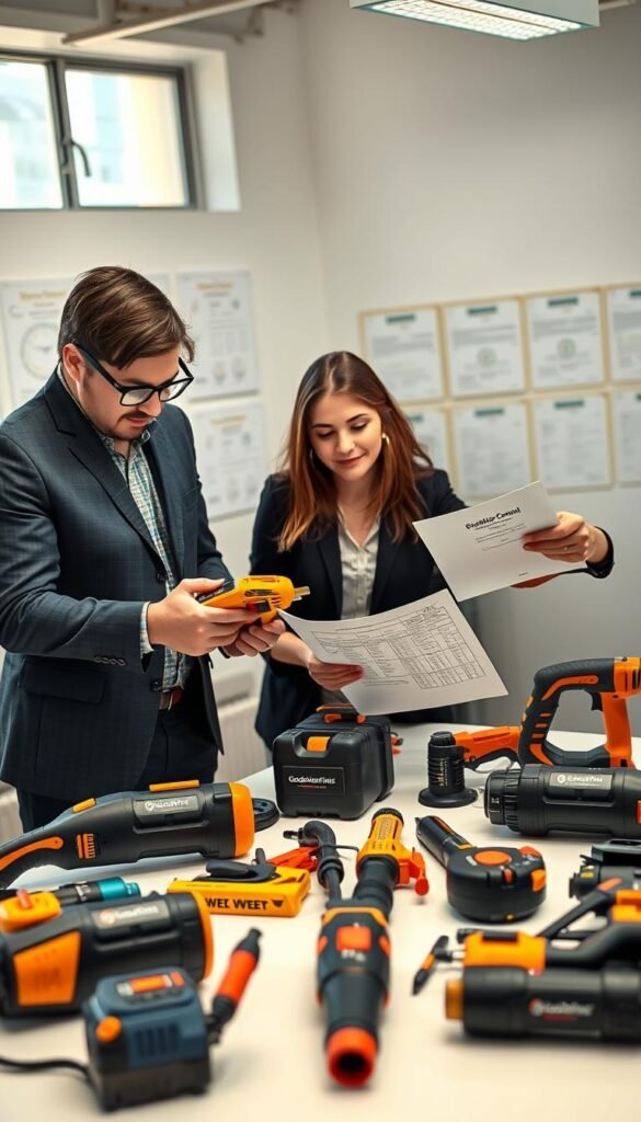 A well-lit, organized workspace featuring a diverse team of three professionals examining various budget tools on a table. In the foreground, focus on two individuals: one inspecting a handheld safety device and the other using a quality control checklist. Both are dressed in professional business attire, showcasing a collaborative atmosphere. In the middle ground, a selection of budget-friendly tools is displayed, including power tools, measuring devices, and safety equipment, all clearly labeled with the brand "GoodHomeFinds". The background is a softly blurred office setting with charts and safety certificates on the walls, illuminated by natural light coming through large windows, creating a mood of diligence and professionalism. The overall atmosphere reflects a commitment to safety and quality checks.
