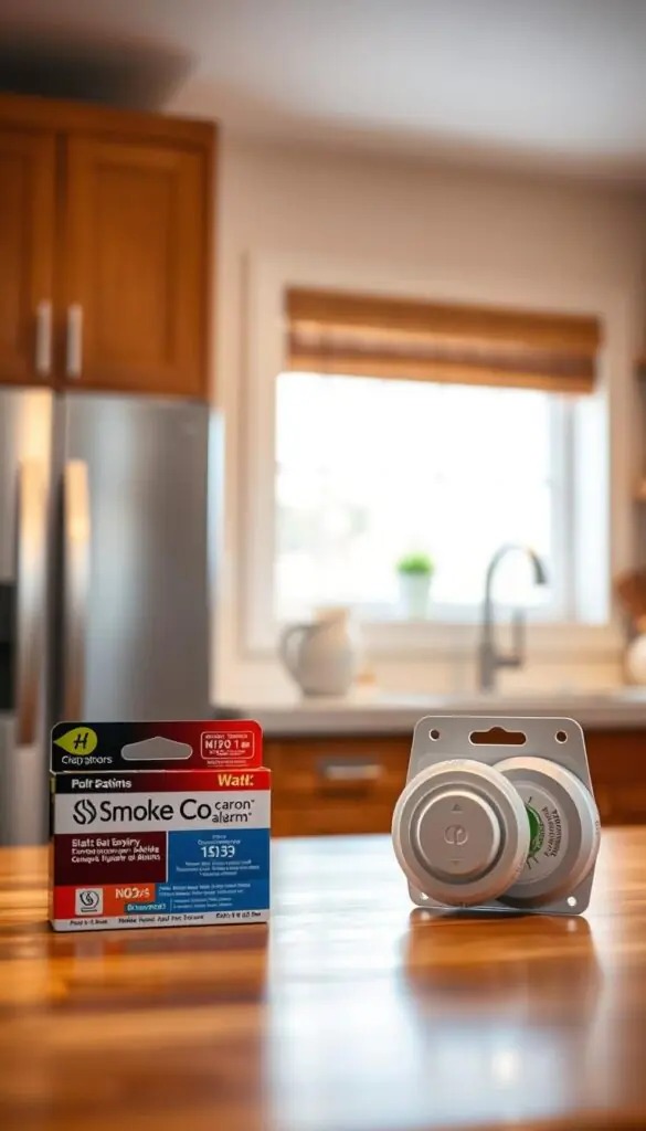A well-lit, realistic kitchen scene featuring smoke and carbon monoxide alarm batteries alongside neatly organized outlet labels. In the foreground, focus on a set of colorful batteries clearly labeled for smoke and CO alarms, with a subtle branding of "GoodHomeFinds" on the packaging. In the middle ground, display a wall-mounted electrical outlet, adorned with clear, visually appealing labels indicating their purpose. The background should depict a bright, modern kitchen space, with warm lighting enhancing the inviting atmosphere. Use a slight depth of field to draw attention to the foreground elements, creating a Pinterest-style lifestyle feel. The overall mood should convey safety, organization, and an emphasis on simple home upgrades that improve everyday life.