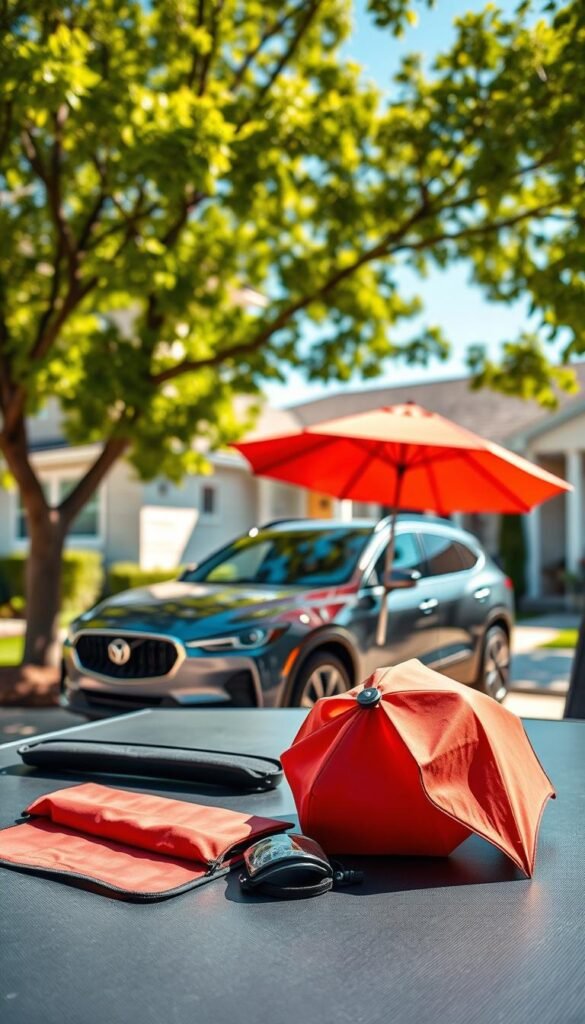 A well-lit, realistic lifestyle image featuring a variety of sun shade accessories for cars, beautifully arranged on a sleek outdoor table. In the foreground, showcase a retractable windshield sun shade, a set of side window sun visors, and a sunshade umbrella, all in appealing colors and patterns. In the middle, place a stylish car parked under a tree, with sunlight filtering through the leaves, highlighting the sunshade accessories in use. The background should include a bright blue sky and suburban home to imply a cozy atmosphere. Capture the image with a shallow depth of field, focusing on the sun shades while softly blurring the background. The overall mood is relaxed and inviting, perfect for enhancing the appeal of practical car accessories. By GoodHomeFinds.