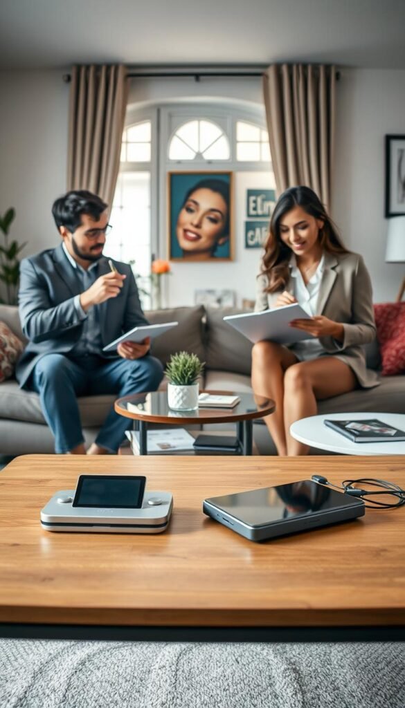 A well-lit, realistic lifestyle scene showcasing a modern living room in an apartment setting, reflecting a juxtaposition of cheap and premium gadgets. In the foreground, a table displays a budget-friendly gadget on one side, contrasting with a sleek, premium version on the other. Include homeowners, a diverse couple in professional attire, actively testing the gadgets and taking notes. The middle ground features vibrant home decor and subtle hints of technology, such as charging cables and user manuals scattered around. The background includes a tasteful window with soft natural light streaming in, enhancing the atmosphere of a cozy yet sophisticated environment. Capture a warm, inviting mood to illustrate the practical use of these gadgets, emphasizing the real-life context. GoodHomeFinds.