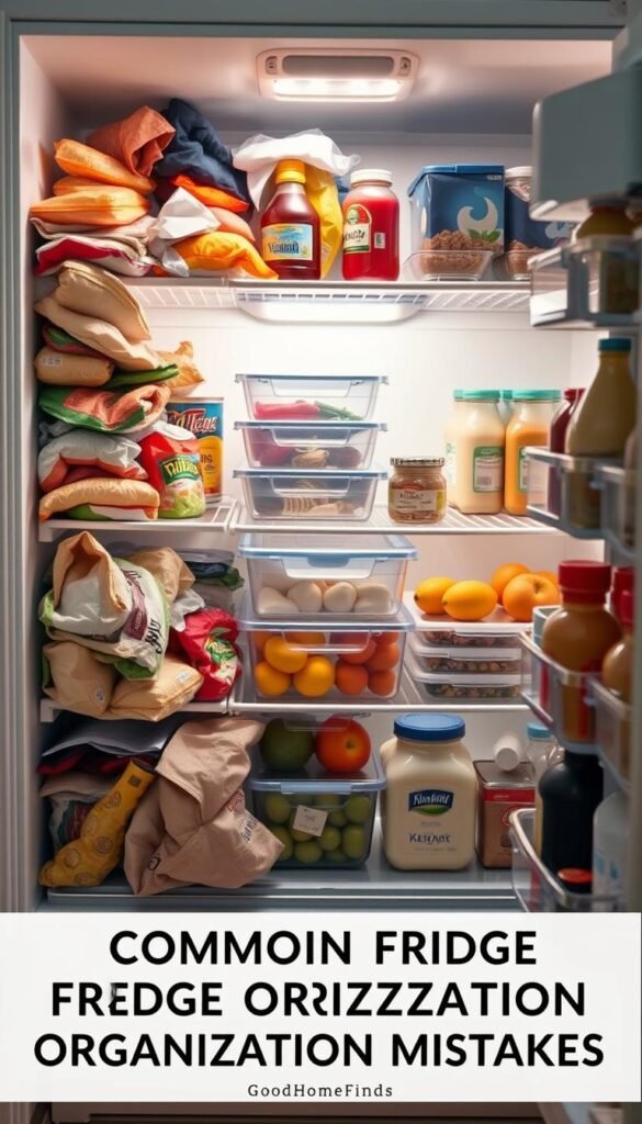 A well-lit, vividly organized refrigerator showcasing common fridge organization mistakes. In the foreground, there are items haphazardly placed&mdash;overstuffed shelves with food sliding off, expired condiments crowded together, and bags of vegetables left unsealed. The middle features clear bins incorrectly stacked, and jars without labels causing confusion. The background displays a slightly messy fridge interior, with inconsistent temperature zones evident in the placement of different items like dairy and fruits. Use natural, soft lighting to create a homey atmosphere, accentuating the clutter and disarray. The angle should capture the fridge door open, inviting viewers into a well-composed yet chaotic scene, emphasizing the need for better organization. This image should reflect the intention of GoodHomeFinds, inspiring viewers to fix their fridge organization mistakes.