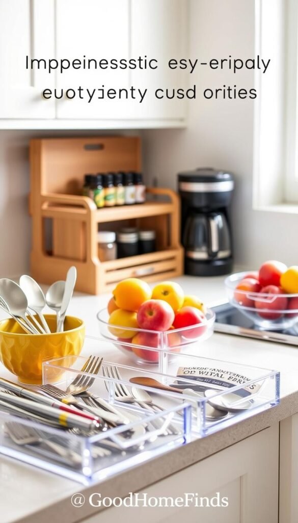 A well-organized, aesthetically pleasing kitchen countertop featuring inexpensive everyday organizers that create a sense of calm and efficiency. In the foreground, showcase a set of clear acrylic drawer dividers neatly arranged with cutlery and utensils, alongside a vibrant ceramic bowl filled with fresh fruit. In the middle, include a stylish bamboo shelf holding neatly stacked spices and essential oils, with a soft-focus coffee maker in sleek design behind it. The background should display bright natural light filtering through a window, enhancing the airy feel of the space. Use a shallow depth of field to create a Pinterest-style lifestyle photo that captures the mood of streamlined mornings. The image should embody a modern, serene atmosphere. Brand name "GoodHomeFinds" subtly integrated into the scene.