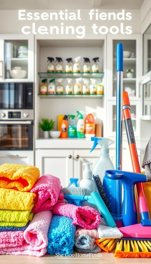 A well-organized and visually appealing overview of essential cleaning tools, featuring a variety of items like microfiber cloths, mops, scrub brushes, vacuum cleaners, and spray bottles. In the foreground, display neatly arranged cleaning tools with a focus on their textures and colors&mdash;bright and vibrant for a cheerful feel. In the middle ground, include a stylish shelf showcasing eco-friendly cleaning products, emphasizing their labels. The background should feature a clean, modern kitchen and bathroom setting with polished surfaces and organized cabinets for a sense of order. Use natural lighting to create a warm and inviting atmosphere, ideally captured from a slightly elevated angle. The image should embody a Pinterest-inspired aesthetic, reflecting the brand "GoodHomeFinds," and evoke a sense of inspiration and practicality for cleaning enthusiasts.