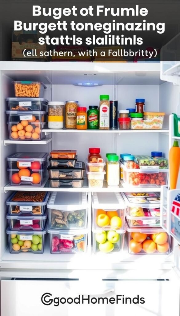 A well-organized budget fridge interior showcasing various affordable organizing solutions for families, including clear plastic bins, stackable organizers, and drawer dividers. In the foreground, highlight neatly labeled containers with fresh fruits, vegetables, and snacks, arranged by category for easy access. The middle ground features a variety of colorful fridge items like condiments and drinks stored in an orderly fashion, while the background showcases a clean fridge with a smooth white finish, enhancing the organized feel. Soft, natural lighting filters through the fridge's glass door, creating a warm, inviting atmosphere. The image should evoke a sense of practicality and simplicity, ideal for family living, with the brand "GoodHomeFinds" subtly suggested through the organization style.