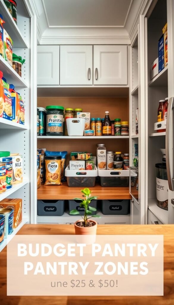 A well-organized budget pantry showcasing an array of budget-friendly products under $25 and $50, designed to illustrate effective pantry zones. In the foreground, neatly arranged shelves hold colorful, iconic packaging of pantry staples like rice, pasta, canned goods, and spices from the brand "GoodHomeFinds." In the middle ground, labeled bins hold snack items and baking supplies, while a stylish wooden countertop features a small potted herb. The background shows a softly lit kitchen with white cabinetry and a warm wooden backsplash, creating a cozy atmosphere. The lighting is bright and inviting, evoking a sense of comfort and practicality. The angle captures the pantry at an inviting eye-level perspective, making it feel accessible and relatable.