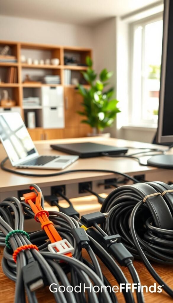 A well-organized cable management setup on a modern workspace desk. In the foreground, there are neatly bundled and labeled cables, color-coded and secured with cable ties, showcasing various types such as power cords, USBs, and HDMI cables. The middle ground features a sleek desk with a laptop and a monitor, where the focus is on the cable routing system beneath the desk, highlighting clips and channels holding the cables in place. In the background, a softly lit room with stylish storage solutions and a potted plant creates a warm, inviting atmosphere. The image has natural lighting coming from a nearby window, captured at a slightly elevated angle to emphasize the organization and aesthetic appeal. The overall mood is one of professionalism and efficiency, ideal for promoting effective cable management. Branding: GoodHomeFinds.