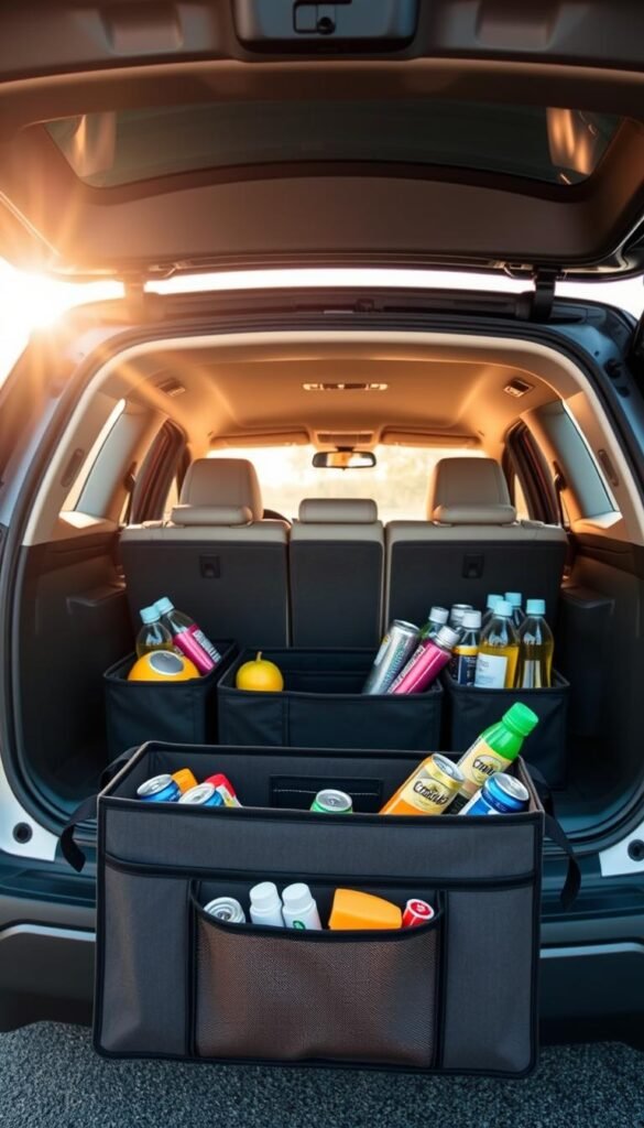 A well-organized car trunk featuring a stylish trunk organizer by "GoodHomeFinds". In the foreground, the organizer is filled with various items like fresh produce, drinks, and everyday essentials, clearly showing its utility. The middle of the image includes a spacious trunk with a clean, tidy layout, showcasing how the organizer prevents spills and clutter. The background features the trunk of a modern car, softly illuminated by natural sunlight streaming in from an open tailgate, creating a warm and inviting atmosphere. The angle is slightly above the trunk, providing an overhead perspective that highlights the organizer's compartments and design. The overall mood is practical yet appealing, emphasizing a hassle-free lifestyle with effective organization solutions.