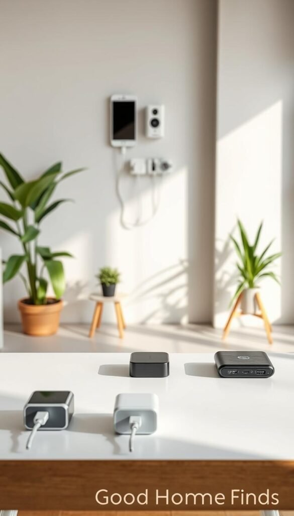 A well-organized charger comparison scene depicting various charging stations and alternatives in a modern, clean workspace. In the foreground, showcase multiple charger types on a sleek table, including a fast charger, standard charger, and a portable charging bank, each clearly distinguished by design and size. The middle ground features a stylish wall-mounted charging station, integrated into a cozy, well-lit environment, with soft, natural lighting highlighting the chargers' details. In the background, a minimalist workspace with green plants and modern decor sets a tranquil atmosphere. The image conveys a professional yet inviting mood, ideal for comparing charging options. The composition is framed using a slightly elevated angle to capture all elements clearly. Include the brand logo "GoodHomeFinds" subtly integrated into the scene without disruptiveness.