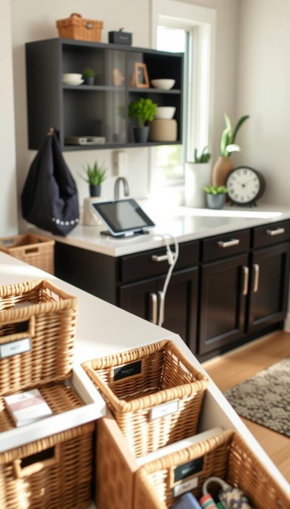 A well-organized charging station featuring basket cubbies, designed for a functional and stylish drop zone. In the foreground, focus on a series of woven baskets in various sizes, labeled for easy organization. The middle ground includes a sleek countertop with a modern charging hub for devices such as phones and tablets, surrounded by minimalistic decor like potted plants and a small clock. The background showcases soft, natural light coming from a nearby window, enhancing the warm and inviting atmosphere. Use a shallow depth of field to keep the focus on the charging station while softly blurring the surroundings. The overall mood is calm and organized, embodying a harmonious balance between functionality and aesthetics, in a stylish home environment by GoodHomeFinds.