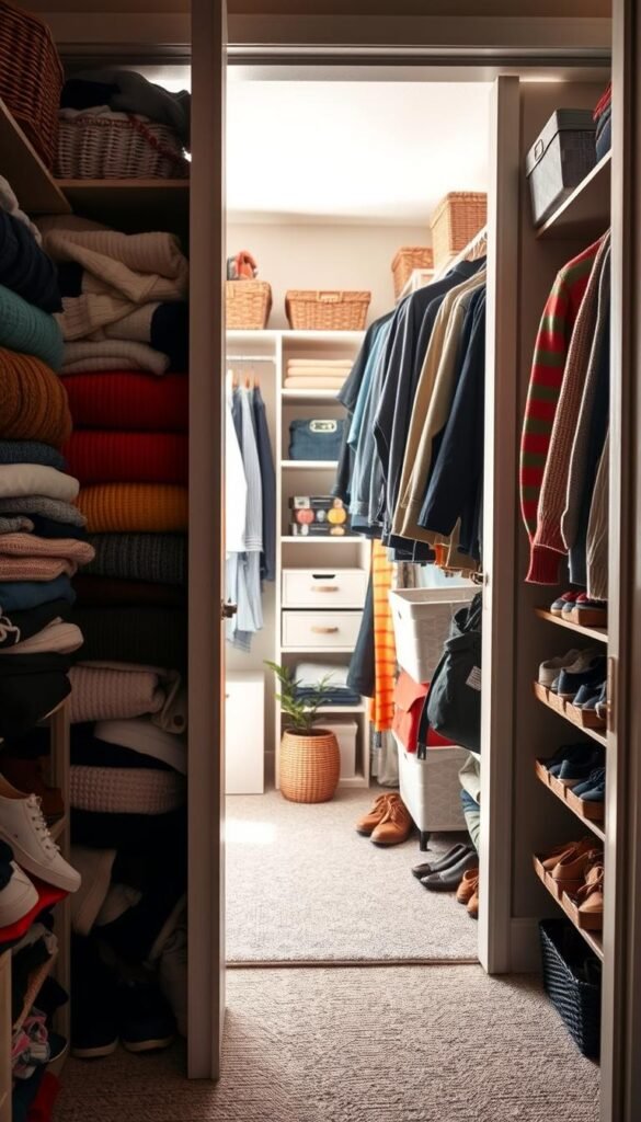 A well-organized closet filled with neatly folded clothes, color-coordinated sweaters, and neatly arranged shoes, showcasing smart storage solutions like baskets and hanging organizers. In the foreground, a slightly open closet door reveals a glimpse of the clutter beyond, with items haphazardly crammed inside, illustrating "dash and stash" habits. The middle space features a clean, well-lit area where the closet is organized, with soft natural light filtering through a window casting gentle shadows, creating a calming and inviting atmosphere. In the background, a small decorative plant adds a touch of life. Capture this scene with a 50mm lens, ensuring a realistic and cozy Pinterest-style lifestyle photo that emphasizes the contrast between organization and chaos. Emphasize a modern aesthetic that aligns with the brand GoodHomeFinds.