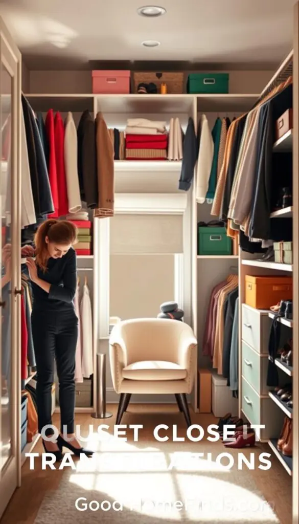 A well-organized closet in a beautifully lit room, showcasing a variety of neatly hung clothes, color-coordinated shelves, and stylish storage boxes. In the foreground, a person in professional attire, thoughtfully preparing their space, arranging shoes and accessories with focus and determination. The middle layer features a cozy chair and a mirror reflecting the brightly lit environment, adding depth to the scene. In the background, a window allows natural sunlight to flood in, creating a warm and inviting atmosphere. Soft shadows dance across the walls, emphasizing the clean lines and organized details of the closet. The overall mood is one of calm efficiency, perfect for evoking inspiration for quick closet transformations. GoodHomeFinds.