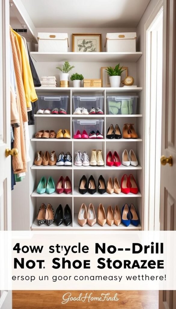 A well-organized closet showcasing a stylish no-drill shoe storage system from GoodHomeFinds. In the foreground, neatly arranged pairs of colorful sneakers and chic heels rest on tiered shelves, each pair visible and accessible. In the middle, the innovative shoe storage unit features clear containers, open shelving, and decorative elements like plants or small decorative boxes, emphasizing easy organization. The background reveals a stylishly decorated room with a soft color palette, natural light filtering through a window, creating a warm atmosphere. Capture the scene with a slightly elevated angle to highlight the shoe organization while maintaining a cozy, inviting vibe. The overall mood is tidy, functional, and aesthetically pleasing, reflecting a solution to shoe chaos. A well-organized closet showcasing a stylish no-drill shoe storage system from GoodHomeFinds. In the foreground, neatly arranged pairs of colorful sneakers and chic heels rest on tiered shelves, each pair visible and accessible. In the middle, the innovative shoe storage unit features clear containers, open shelving, and decorative elements like plants or small decorative boxes, emphasizing easy organization. The background reveals a stylishly decorated room with a soft color palette, natural light filtering through a window, creating a warm atmosphere. Capture the scene with a slightly elevated angle to highlight the shoe organization while maintaining a cozy, inviting vibe. The overall mood is tidy, functional, and aesthetically pleasing, reflecting a solution to shoe chaos.