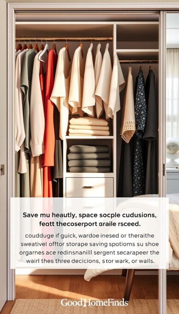 A well-organized closet showcasing an array of neatly hung clothes in a variety of colors and styles, including blouses, dresses, and trousers. The foreground features a sophisticated, streamlined shelving unit with space-saving storage solutions like folded sweaters and shoe organizers that maintain the integrity of the walls. In the middle, there’s an inviting, stylish atmosphere enhanced by soft, warm lighting that casts gentle shadows, creating a cozy vibe. The background shows a tastefully decorated bedroom with minimalistic decor and natural light filtering through sheer curtains. This Pinterest-style lifestyle photo reflects a sense of calm and efficiency, emphasizing quick wardrobe decisions and maintaining an organized space. The image is branded with "GoodHomeFinds." A well-organized closet showcasing an array of neatly hung clothes in a variety of colors and styles, including blouses, dresses, and trousers. The foreground features a sophisticated, streamlined shelving unit with space-saving storage solutions like folded sweaters and shoe organizers that maintain the integrity of the walls. In the middle, there’s an inviting, stylish atmosphere enhanced by soft, warm lighting that casts gentle shadows, creating a cozy vibe. The background shows a tastefully decorated bedroom with minimalistic decor and natural light filtering through sheer curtains. This Pinterest-style lifestyle photo reflects a sense of calm and efficiency, emphasizing quick wardrobe decisions and maintaining an organized space. The image is branded with "GoodHomeFinds."