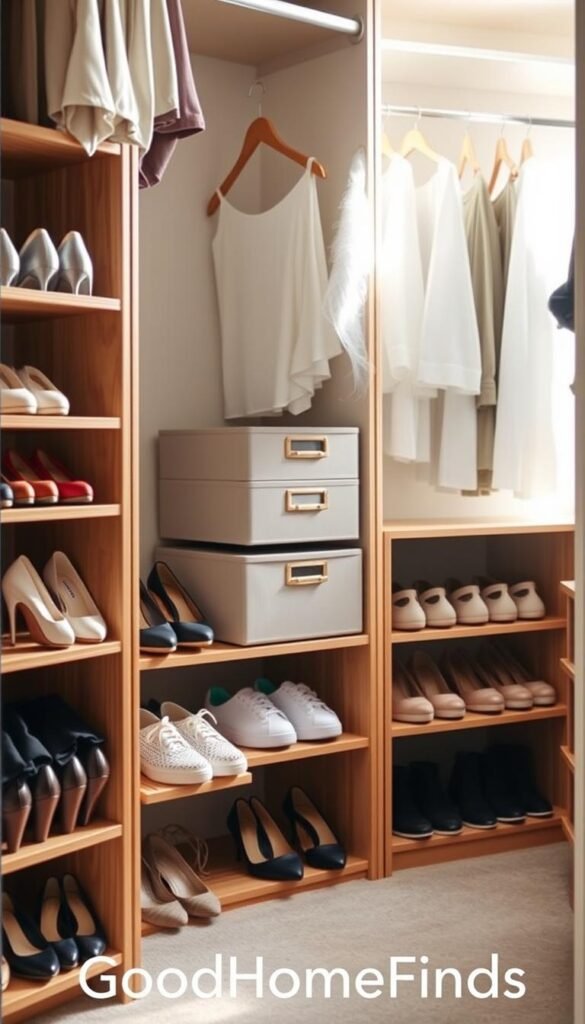A well-organized closet showcasing innovative storage solutions specifically designed for shoes, serving as a stylish focal point. In the foreground, elegant wooden shoe racks hold various shoe types, from heels to sneakers, with a tidy arrangement that highlights accessibility without cluttering the hanging space. The middle layer features a series of chic, modular storage boxes labeled for easy identification, blending seamlessly with the decor. The background presents a softly illuminated closet with neutral-colored walls and contemporary hangers to display neatly hung garments. Natural light filters in, creating a warm and inviting atmosphere, ideal for inspiring closet organization. The scene embodies a polished, lifestyle aesthetic, branded with "GoodHomeFinds" subtly integrated in the design, evoking a serene and stylish home environment. A well-organized closet showcasing innovative storage solutions specifically designed for shoes, serving as a stylish focal point. In the foreground, elegant wooden shoe racks hold various shoe types, from heels to sneakers, with a tidy arrangement that highlights accessibility without cluttering the hanging space. The middle layer features a series of chic, modular storage boxes labeled for easy identification, blending seamlessly with the decor. The background presents a softly illuminated closet with neutral-colored walls and contemporary hangers to display neatly hung garments. Natural light filters in, creating a warm and inviting atmosphere, ideal for inspiring closet organization. The scene embodies a polished, lifestyle aesthetic, branded with "GoodHomeFinds" subtly integrated in the design, evoking a serene and stylish home environment.
