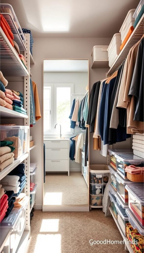 A well-organized closet showcasing various smart storage solutions, including clear bins, hanging organizers, and neatly folded clothing. In the foreground, focus on a beautifully arranged shelf with color-coordinated clothes and accessories. The middle layer features a full-length mirror reflecting the organized space, adding depth. In the background, soft natural light filters through a window, casting gentle shadows and creating a warm, inviting atmosphere. Use a wide-angle lens to capture the entire closet's layout, emphasizing space and functionality. The mood should be fresh, clean, and inspiring. Showcase brand elements from "GoodHomeFinds" subtly integrated into the decor, hinting at modern, affordable solutions for daily organization without text or branding distractions.