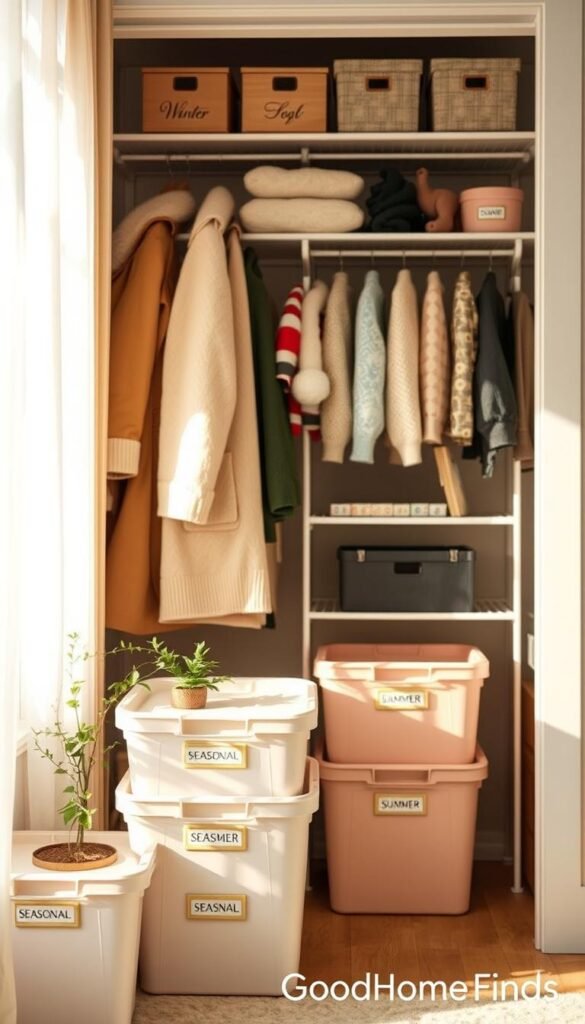 A well-organized closet storage space, featuring neatly arranged seasonal items such as winter coats, summer clothes, and festive decorations, showcased in a bright, inviting setting. In the foreground, clearly labeled storage bins in soft pastel colors are stacked neatly, with a small plant adding a touch of greenery. The middle ground highlights a streamlined shelf system, displaying folded sweaters and decorative boxes, all bathed in natural light streaming through a nearby window. In the background, a softly blurred view of a cozy room complements the warm atmosphere. The scene conveys a sense of order and tranquility, emphasizing efficient decluttering and organization. The overall tone is fresh and clean, reminiscent of a Pinterest-style lifestyle photo. Brand name: GoodHomeFinds.