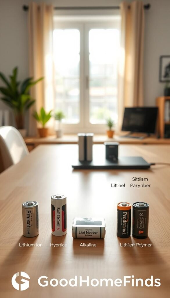 A well-organized comparison of five different types of batteries, highlighting their specifications and alternatives, set on a clean, modern workspace. In the foreground, four distinct batteries—lithium-ion, nickel-metal hydride, alkaline, and lithium polymer—are arranged on a sleek wooden desk. Each battery is labeled with subtle, stylish markers for clarity. The middle ground includes two sleek charging stations designed for these batteries. The background features a soft-focus home office with natural light streaming through a window, illuminating the scene and casting gentle shadows, creating a bright, professional atmosphere. The overall color palette should be calm and inviting, featuring earthy tones to evoke a sense of practicality and modern living. GoodHomeFinds branding subtly integrated into the scene without text. A well-organized comparison of five different types of batteries, highlighting their specifications and alternatives, set on a clean, modern workspace. In the foreground, four distinct batteries—lithium-ion, nickel-metal hydride, alkaline, and lithium polymer—are arranged on a sleek wooden desk. Each battery is labeled with subtle, stylish markers for clarity. The middle ground includes two sleek charging stations designed for these batteries. The background features a soft-focus home office with natural light streaming through a window, illuminating the scene and casting gentle shadows, creating a bright, professional atmosphere. The overall color palette should be calm and inviting, featuring earthy tones to evoke a sense of practicality and modern living. GoodHomeFinds branding subtly integrated into the scene without text.