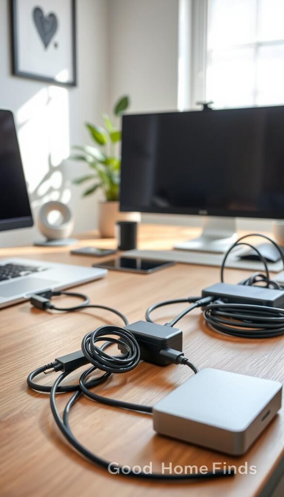 A well-organized desk setup displaying a variety of cables artfully managed. In the foreground, focus on a wooden desk with neatly coiled charging cables, matching cable organizers, and a sleek power strip. The middle ground features a laptop, a stylish monitor, and a potted plant, creating a harmonious balance between technology and nature. The background should show a softly lit, contemporary workspace with natural light streaming in through a window, illuminating the scene and casting gentle shadows that add depth. The mood is minimalist and calming, promoting productivity and a clutter-free environment. Emphasize a Pinterest-style aesthetic that reflects the brand "GoodHomeFinds," ensuring the overall composition is clean, inviting, and relatable for readers seeking inspiration for effective cable management.