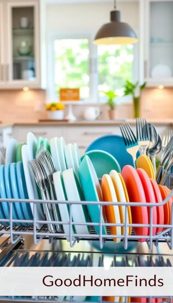 A well-organized dishwasher rack brimming with an array of clean, neatly arranged dishes, cutlery, and glassware. Focused in the foreground, the glossy surface of the rack reflects soft, ambient kitchen lighting, enhancing the fresh, sanitized feel. In the middle ground, colorful plates and versatile utensils showcase practical yet stylish design options, featuring sleek, modern lines. The background reveals the interior of a contemporary kitchen, with elegant cabinetry and a window allowing natural light to flood the scene, creating a warm, inviting atmosphere. Emphasize a Pinterest-inspired aesthetic with meticulous details, such as the brand "GoodHomeFinds" subtly integrated into the design. Overall, the mood is bright and efficient, perfectly illustrating the best dishwashing finds for any home.